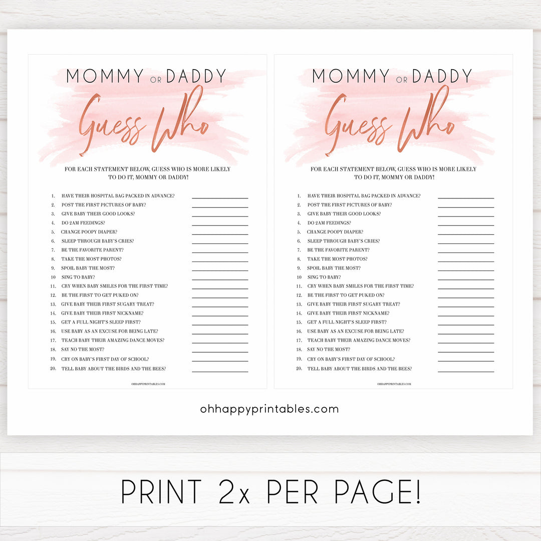 pink swash mommy or daddy guess who game, baby shower games, printable baby shower games, fun baby shower games, popular baby shower games