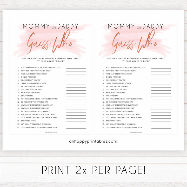 pink swash mommy or daddy guess who game, baby shower games, printable baby shower games, fun baby shower games, popular baby shower games