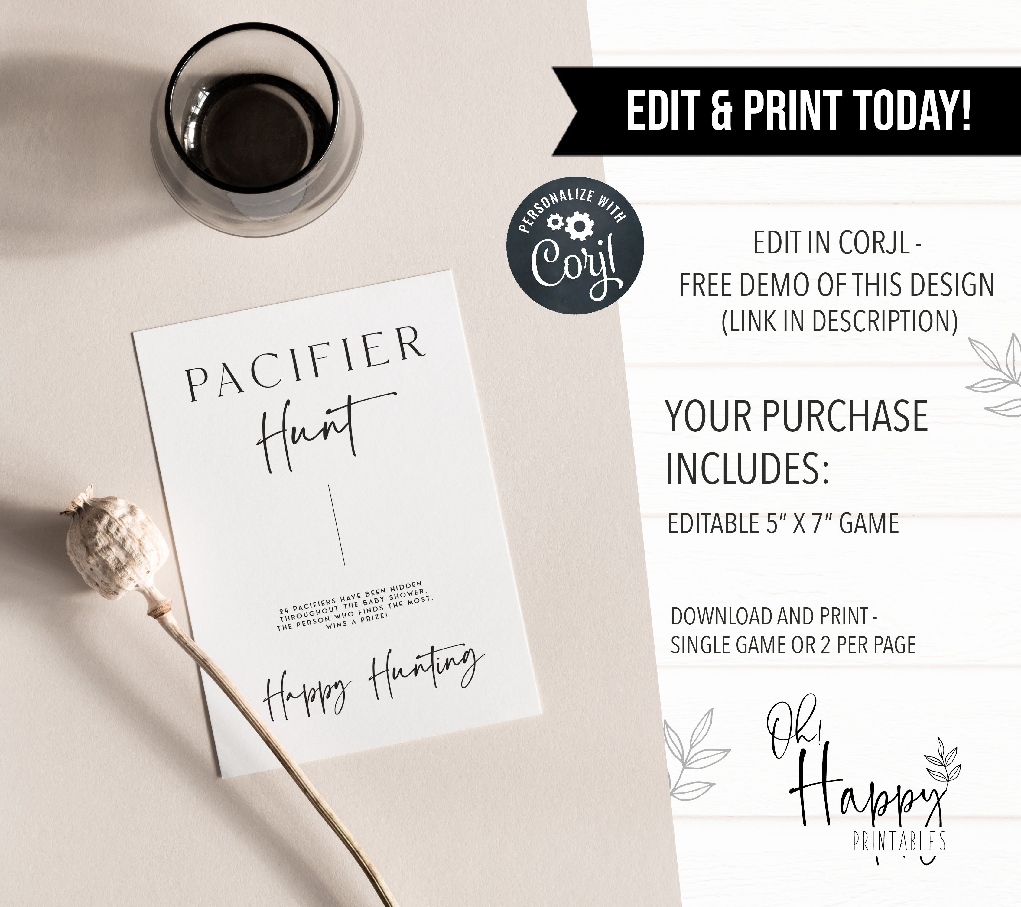 Printable baby shower game Pacifier Hunt with a modern minimalist design