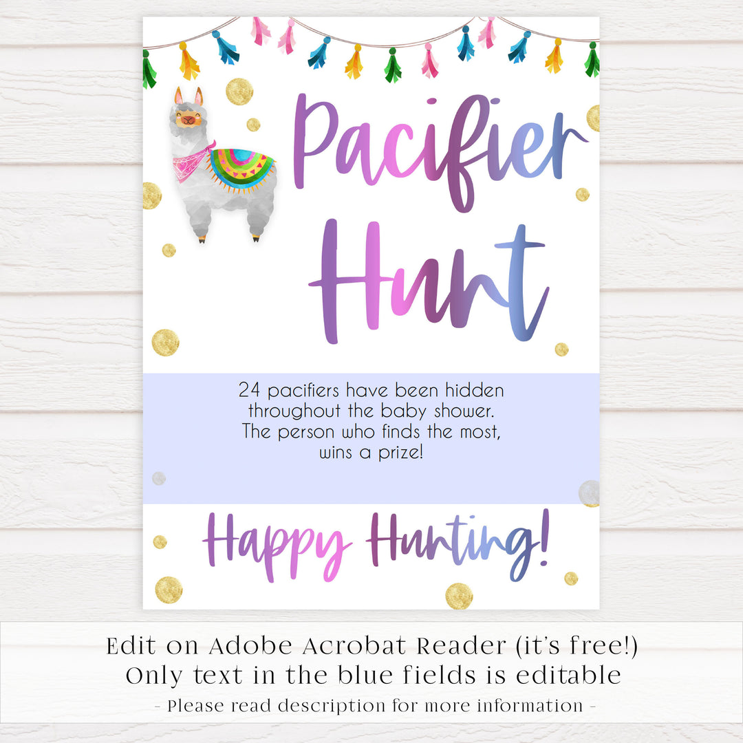 pacifier hunt baby game, editable baby games, Printable baby shower games, llama fiesta fun baby games, baby shower games, fun baby shower ideas, top baby shower ideas, Llama fiesta shower baby shower, fiesta baby shower ideas
