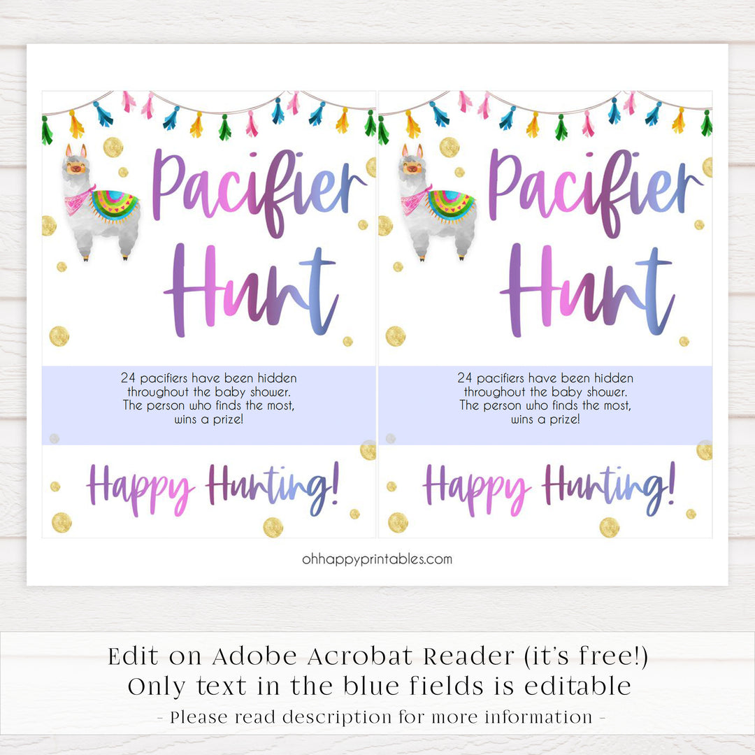 pacifier hunt baby game, editable baby games, Printable baby shower games, llama fiesta fun baby games, baby shower games, fun baby shower ideas, top baby shower ideas, Llama fiesta shower baby shower, fiesta baby shower ideas