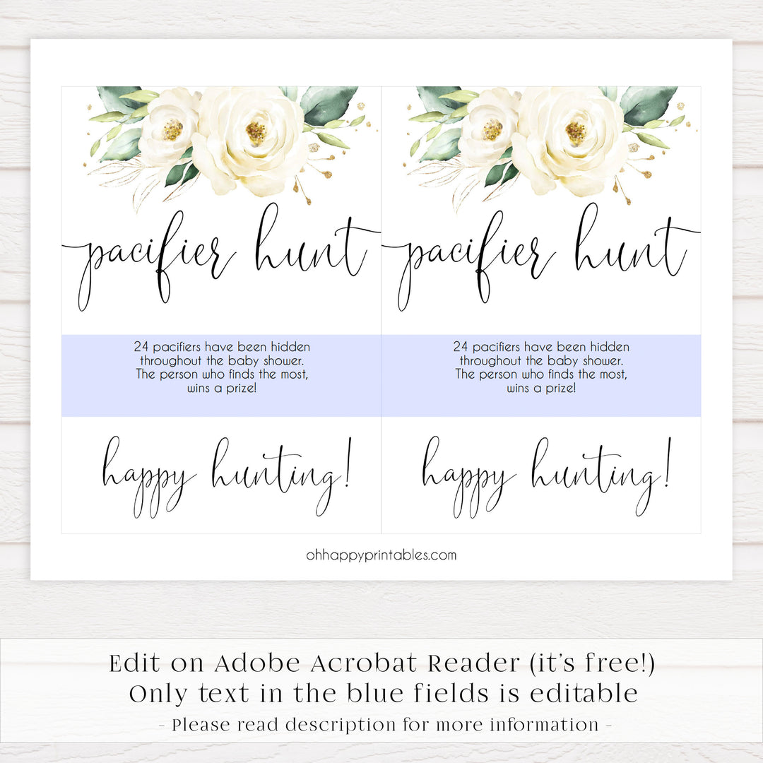 pacifier hunt baby game, editable baby game, Printable baby shower games, shite floral baby games, baby shower games, fun baby shower ideas, top baby shower ideas, floral baby shower, baby shower games, fun floral baby shower ideas