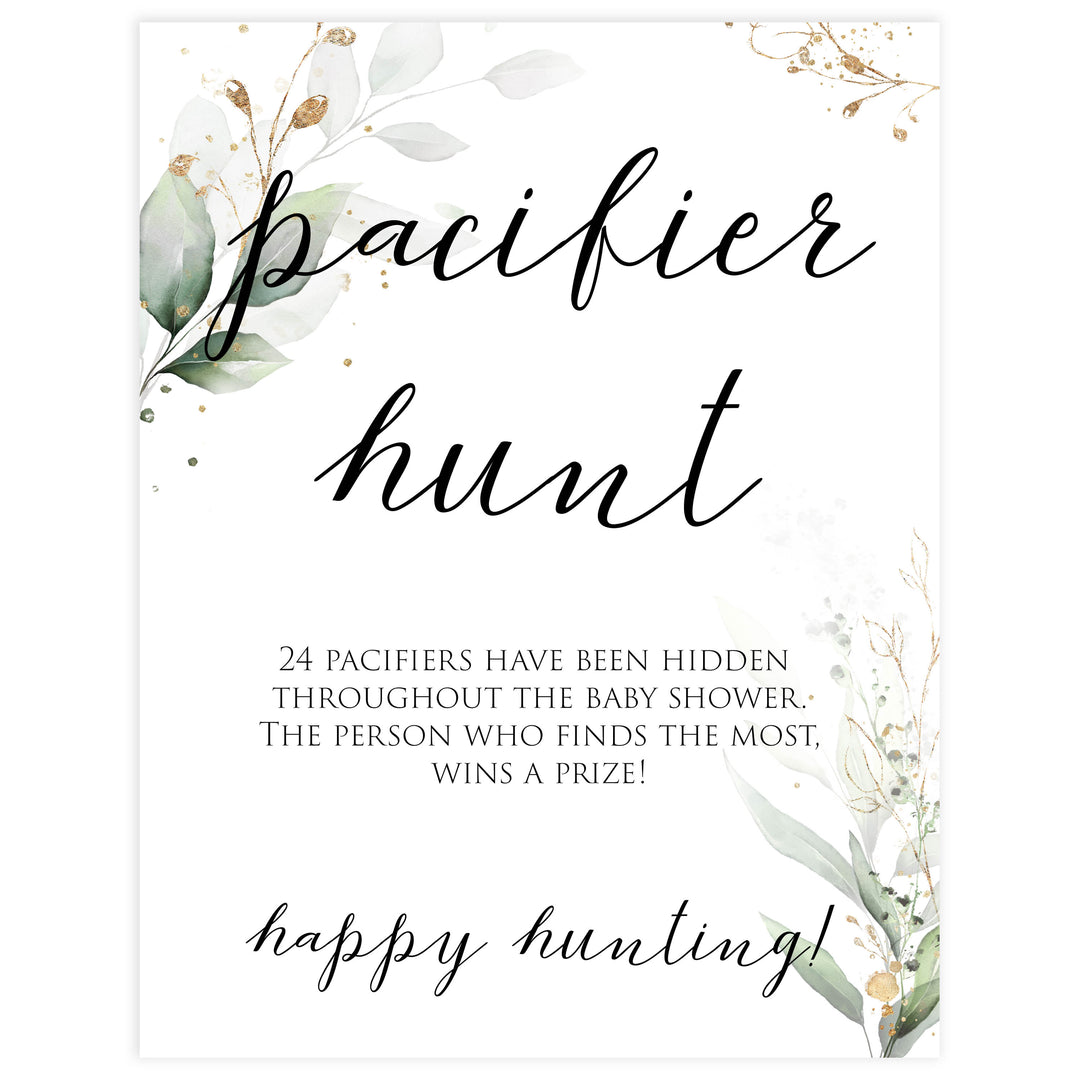 Gold green leaf baby games, pacifier hunt, printable baby games, fun baby games, top baby games to play, gold leaf baby shower, greenery baby shower ideas