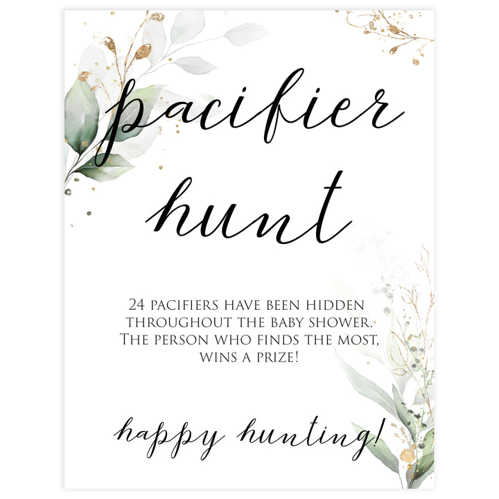 Gold green leaf baby games, pacifier hunt, printable baby games, fun baby games, top baby games to play, gold leaf baby shower, greenery baby shower ideas