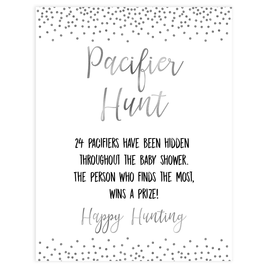 pacifier hunt game, Printable baby shower games, baby silver glitter fun baby games, baby shower games, fun baby shower ideas, top baby shower ideas, silver glitter shower baby shower, friends baby shower ideas