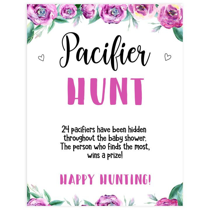 pacifier hunt baby game, printable baby games, purple baby shower games, fun baby shower ideas