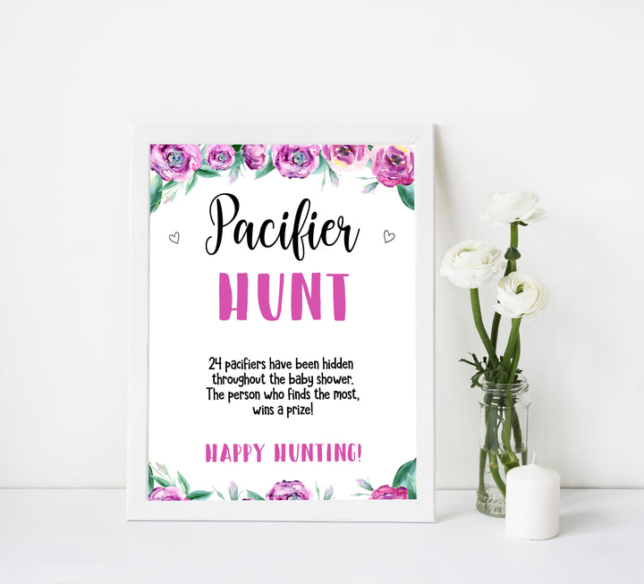pacifier hunt baby game, printable baby games, purple baby shower games, fun baby shower ideas