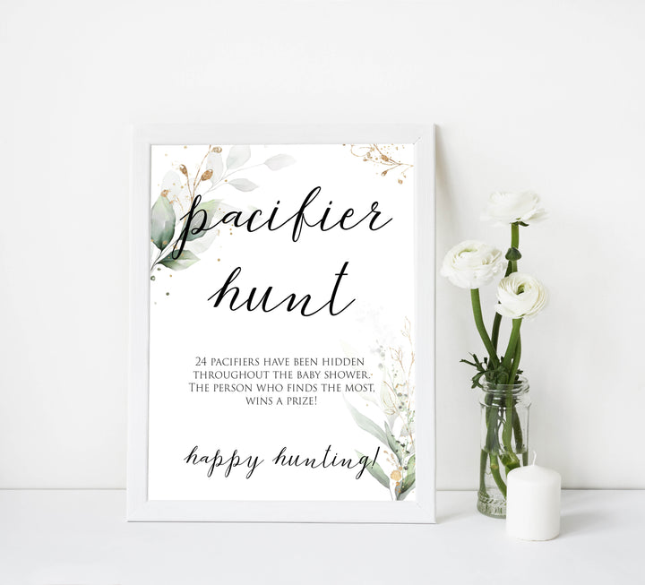 Gold green leaf baby games, pacifier hunt, printable baby games, fun baby games, top baby games to play, gold leaf baby shower, greenery baby shower ideas