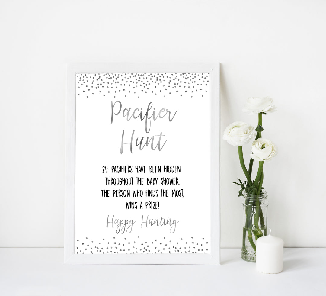 pacifier hunt game, Printable baby shower games, baby silver glitter fun baby games, baby shower games, fun baby shower ideas, top baby shower ideas, silver glitter shower baby shower, friends baby shower ideas