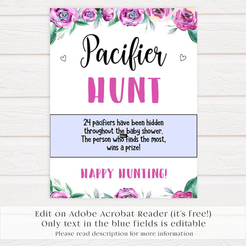 pacifier hunt baby game, printable baby games, purple baby shower games, fun baby shower ideas