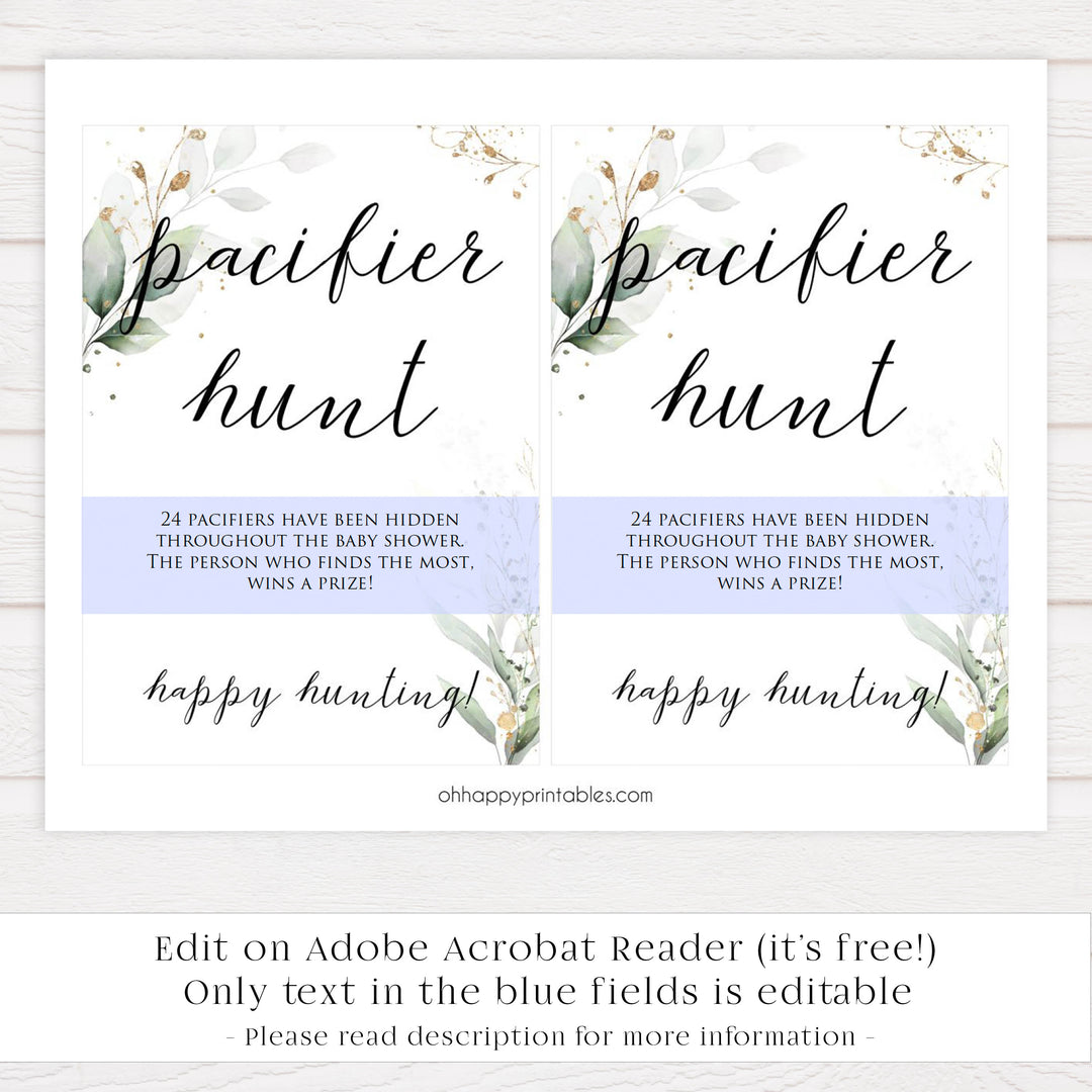 Gold green leaf baby games, pacifier hunt, printable baby games, fun baby games, top baby games to play, gold leaf baby shower, greenery baby shower ideas