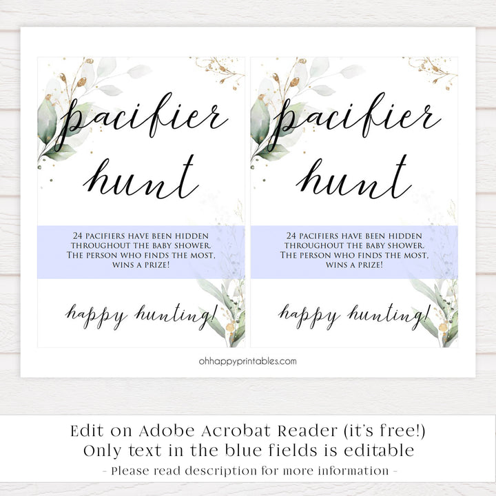 Gold green leaf baby games, pacifier hunt, printable baby games, fun baby games, top baby games to play, gold leaf baby shower, greenery baby shower ideas