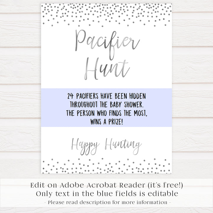 pacifier hunt game, Printable baby shower games, baby silver glitter fun baby games, baby shower games, fun baby shower ideas, top baby shower ideas, silver glitter shower baby shower, friends baby shower ideas