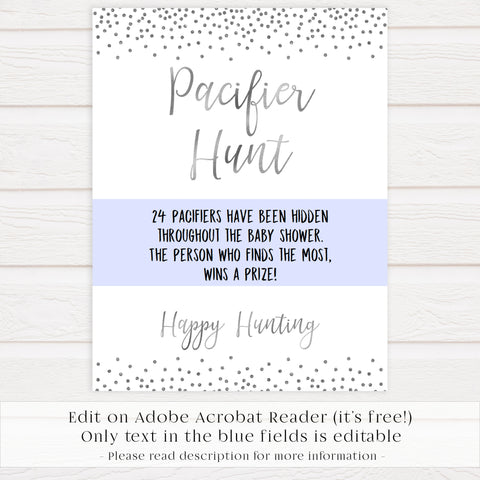 pacifier hunt game, Printable baby shower games, baby silver glitter fun baby games, baby shower games, fun baby shower ideas, top baby shower ideas, silver glitter shower baby shower, friends baby shower ideas