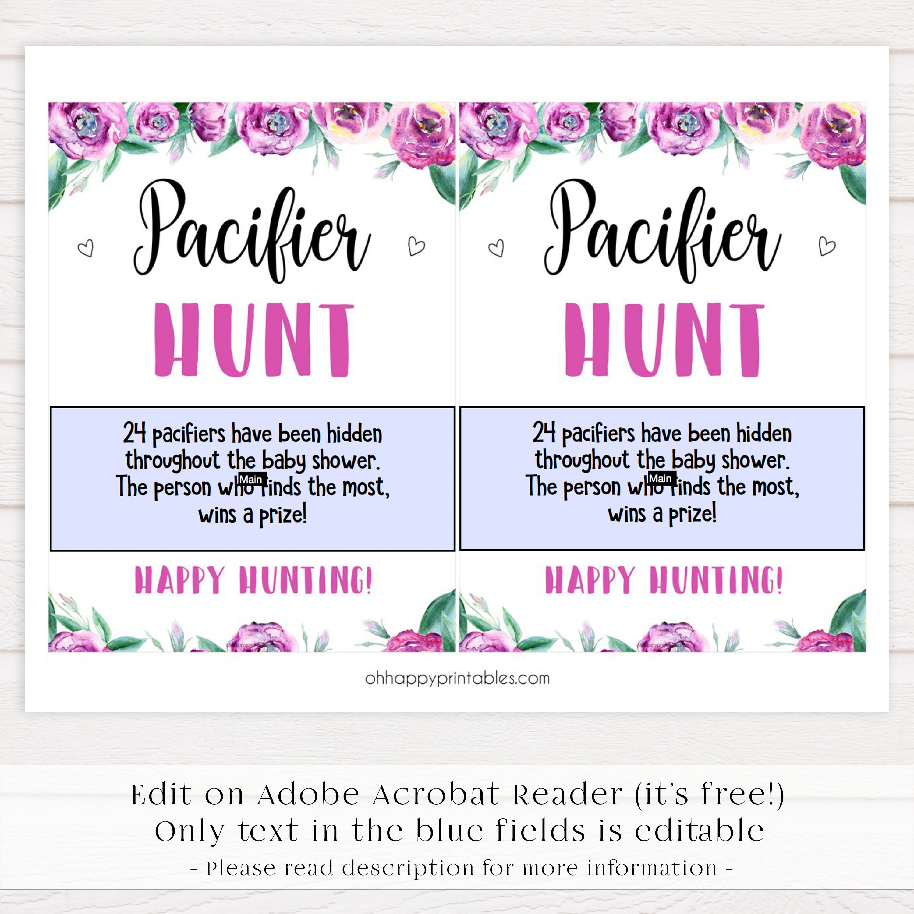 pacifier hunt baby game, printable baby games, purple baby shower games, fun baby shower ideas