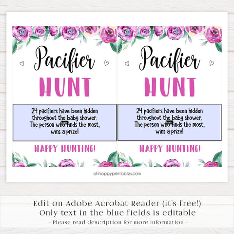 pacifier hunt baby game, printable baby games, purple baby shower games, fun baby shower ideas