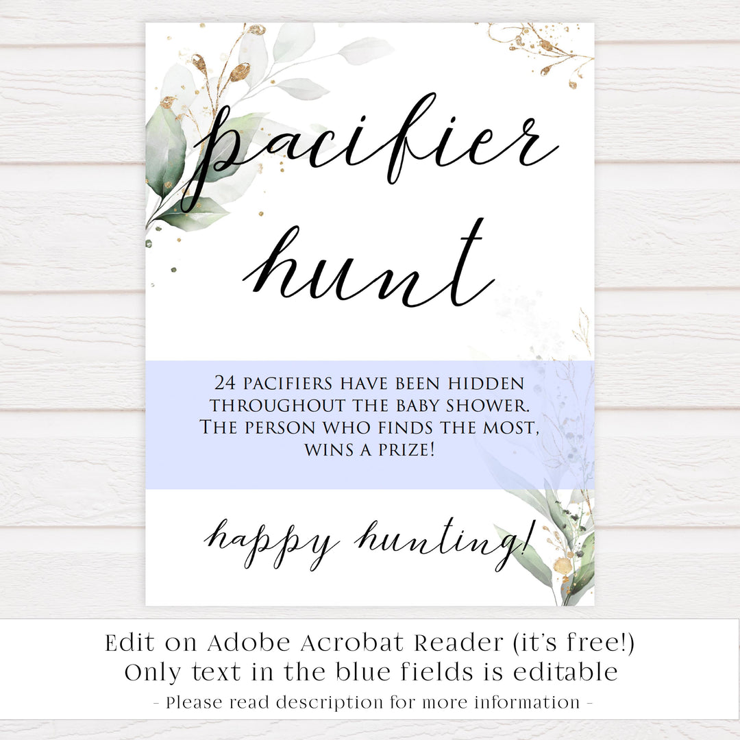 Gold green leaf baby games, pacifier hunt, printable baby games, fun baby games, top baby games to play, gold leaf baby shower, greenery baby shower ideas