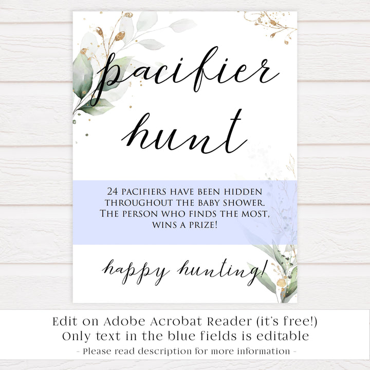 Gold green leaf baby games, pacifier hunt, printable baby games, fun baby games, top baby games to play, gold leaf baby shower, greenery baby shower ideas