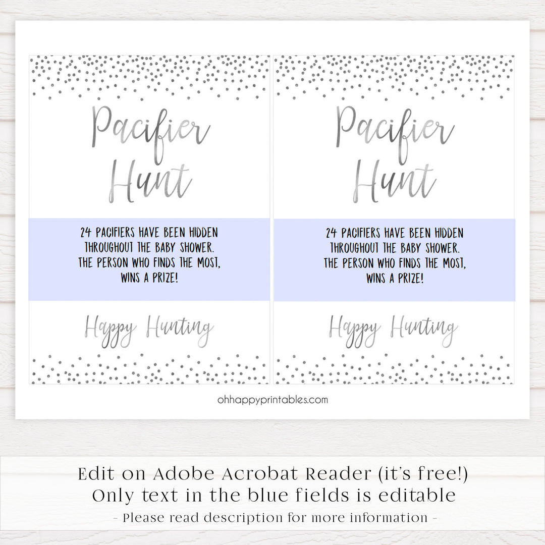 pacifier hunt game, Printable baby shower games, baby silver glitter fun baby games, baby shower games, fun baby shower ideas, top baby shower ideas, silver glitter shower baby shower, friends baby shower ideas