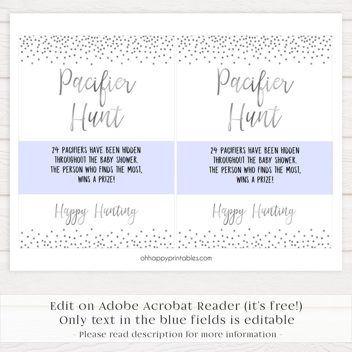 pacifier hunt game, Printable baby shower games, baby silver glitter fun baby games, baby shower games, fun baby shower ideas, top baby shower ideas, silver glitter shower baby shower, friends baby shower ideas