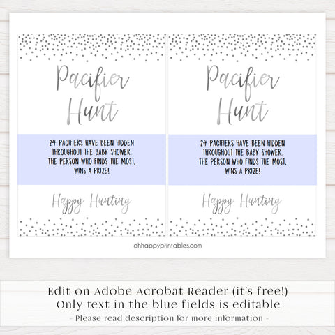 pacifier hunt game, Printable baby shower games, baby silver glitter fun baby games, baby shower games, fun baby shower ideas, top baby shower ideas, silver glitter shower baby shower, friends baby shower ideas