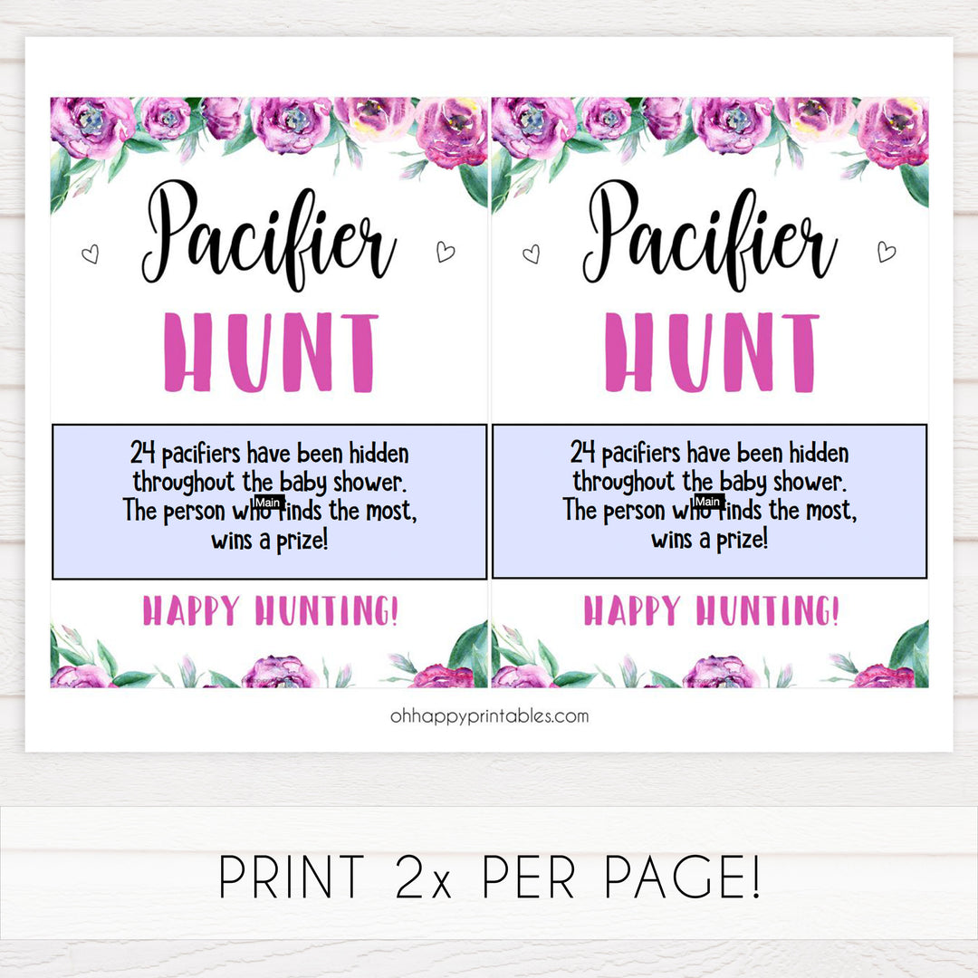 pacifier hunt baby game, printable baby games, purple baby shower games, fun baby shower ideas