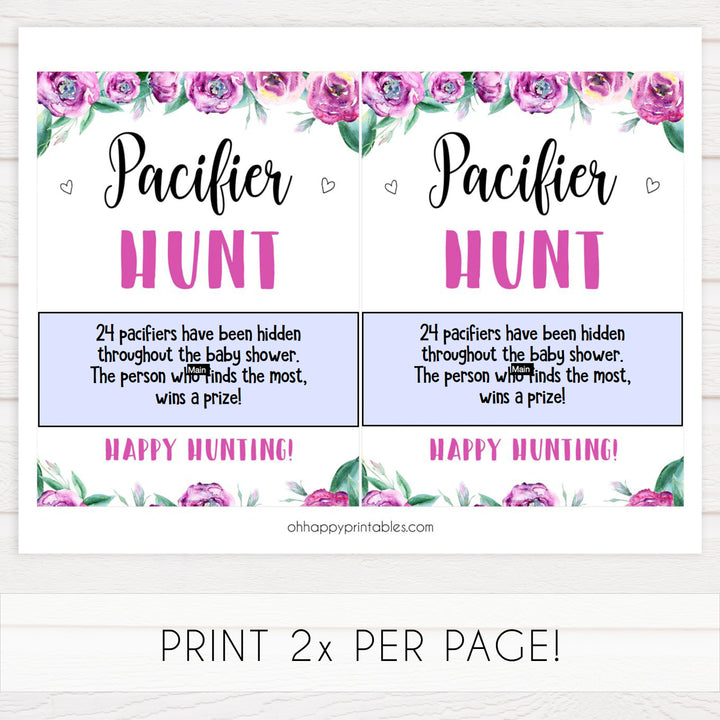 pacifier hunt baby game, printable baby games, purple baby shower games, fun baby shower ideas