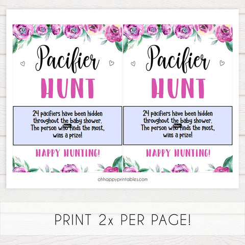 pacifier hunt baby game, printable baby games, purple baby shower games, fun baby shower ideas