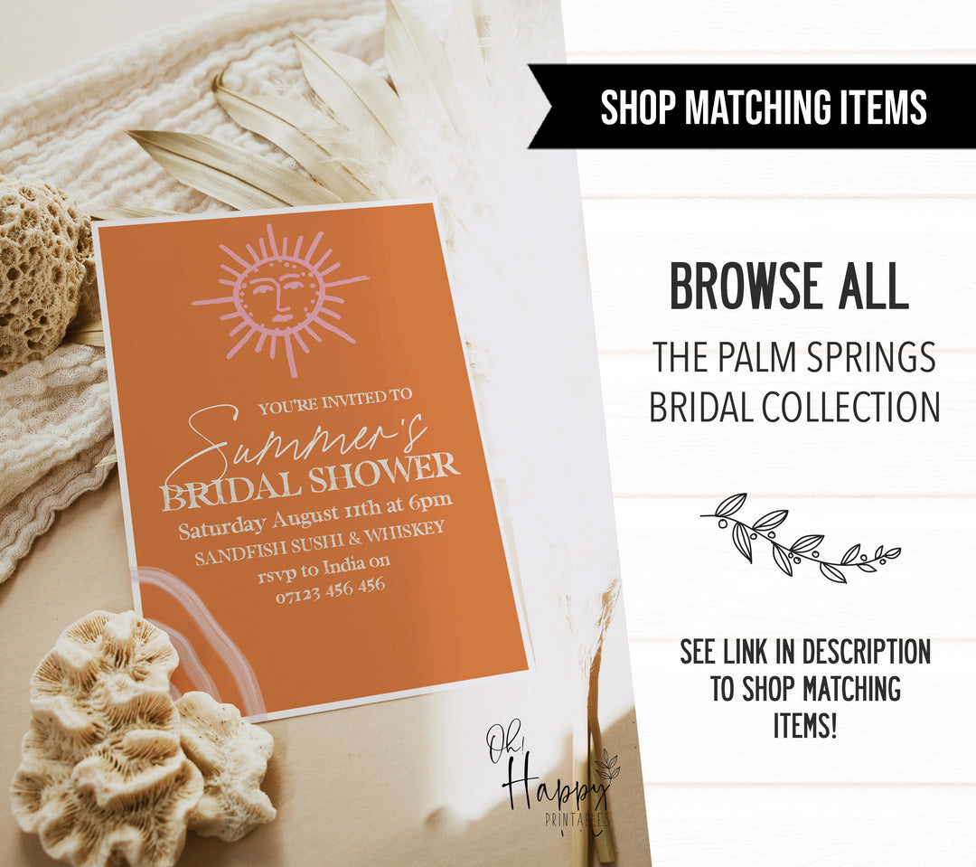 Fully editable and printable bridal shower he said she said bridal game with a Palm Springs design. Perfect for a Palm Springs bridal shower themed party