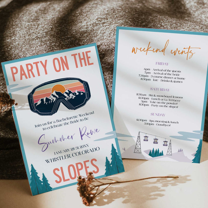Fully editable and printable bachelorette weekend invitation  with a ski slopes design. Perfect for a aspen ski slopes bachelorette themed party