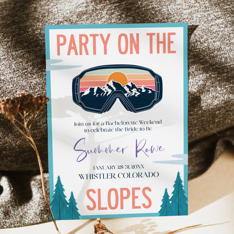 Fully editable and printable bachelorette weekend invitation  with a ski slopes design. Perfect for a aspen ski slopes bachelorette themed party