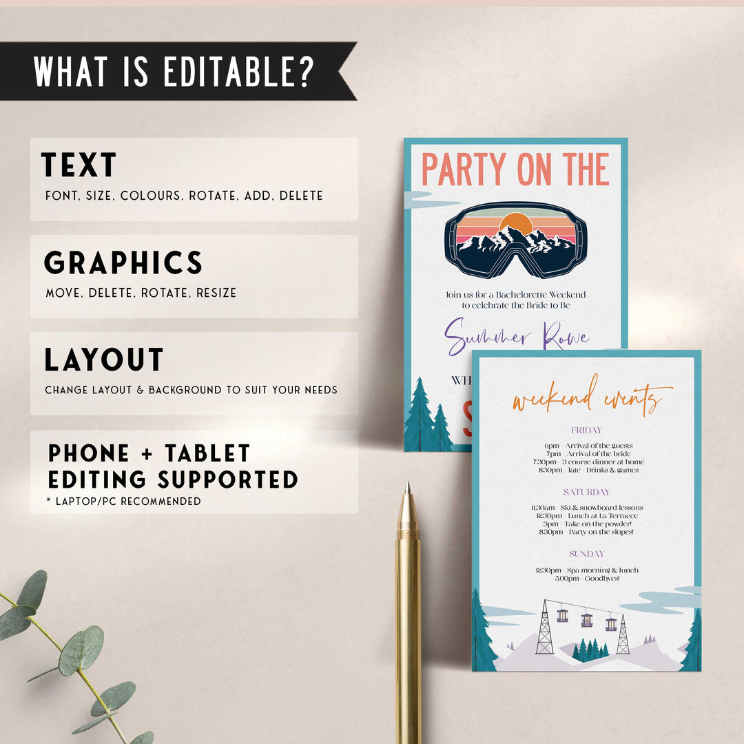 Fully editable and printable bachelorette weekend invitation  with a ski slopes design. Perfect for a aspen ski slopes bachelorette themed party