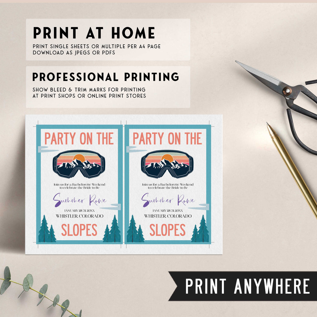 Fully editable and printable bachelorette weekend invitation  with a ski slopes design. Perfect for a aspen ski slopes bachelorette themed party