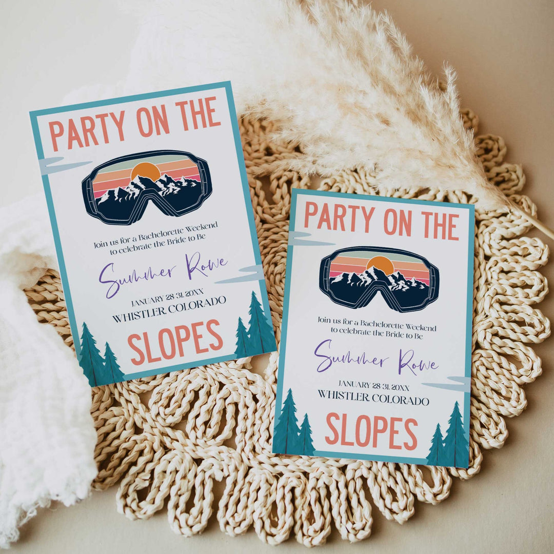 Fully editable and printable bachelorette weekend invitation  with a ski slopes design. Perfect for a aspen ski slopes bachelorette themed party
