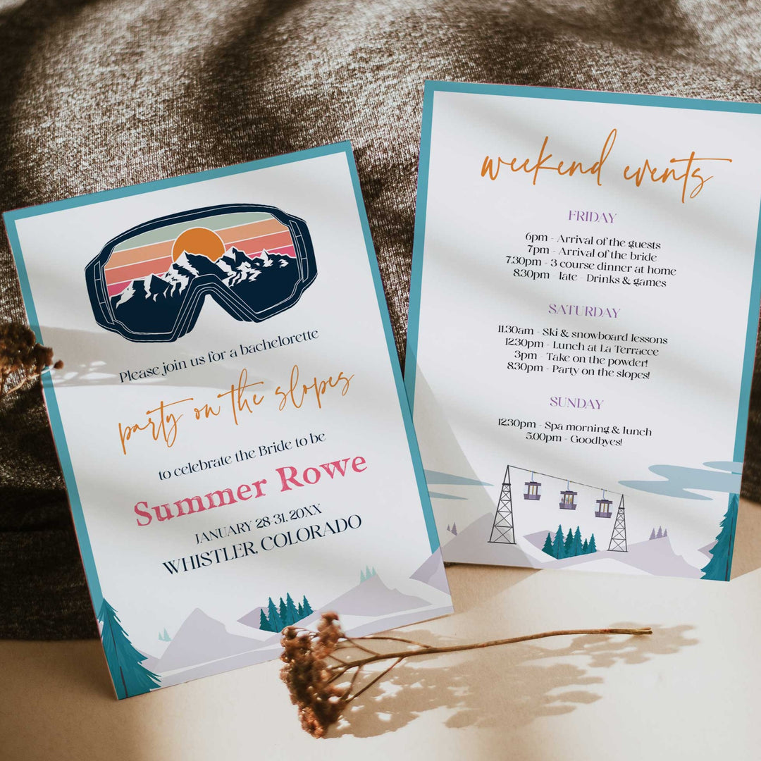 Fully editable and printable bachelorette weekend invitation  with a ski slopes design. Perfect for a aspen ski slopes bachelorette themed party