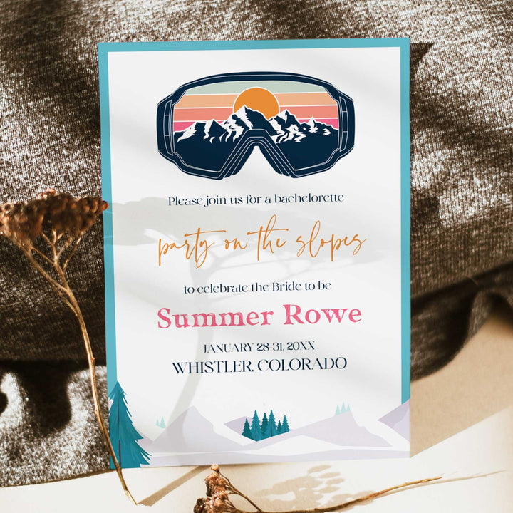 Fully editable and printable bachelorette weekend invitation  with a ski slopes design. Perfect for a aspen ski slopes bachelorette themed party