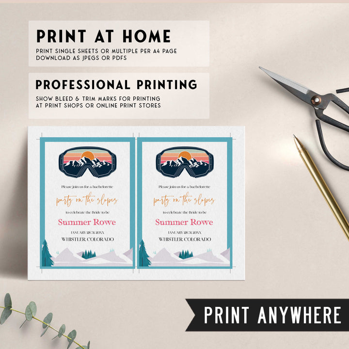 Fully editable and printable bachelorette weekend invitation  with a ski slopes design. Perfect for a aspen ski slopes bachelorette themed party