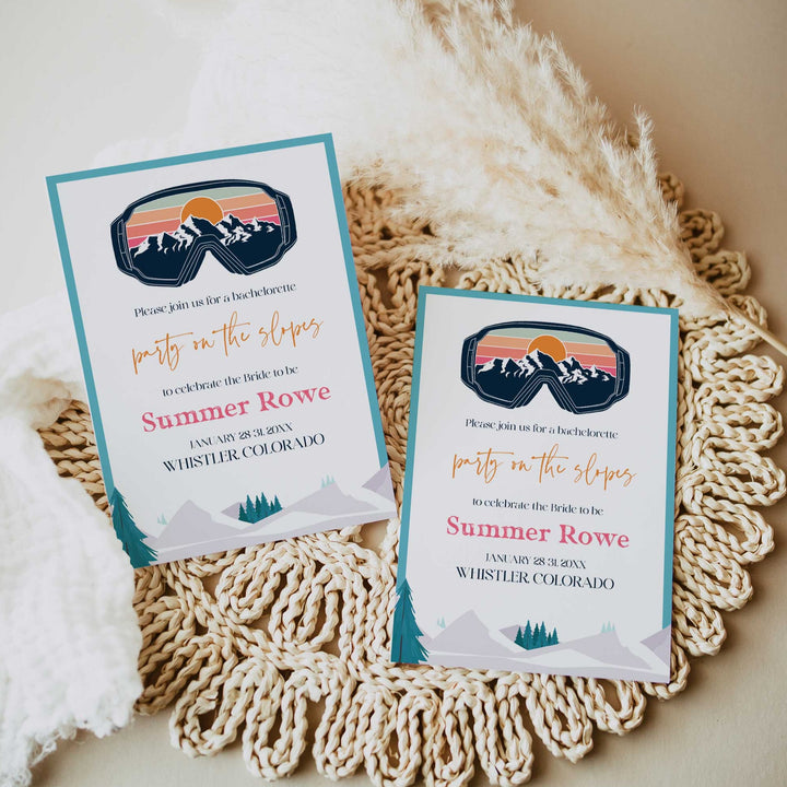 Fully editable and printable bachelorette weekend invitation  with a ski slopes design. Perfect for a aspen ski slopes bachelorette themed party