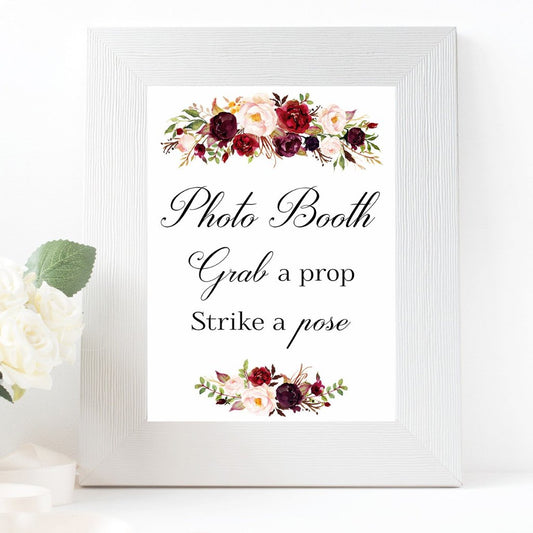 Photo Booth Grab a Prop marsala burgundy wedding sign printable