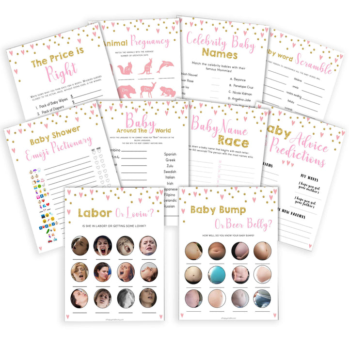 pink hearts baby shower, 10 baby shower games bundle baby game, printable baby games, pink baby games, girl baby games, top 10 baby games, fun baby games