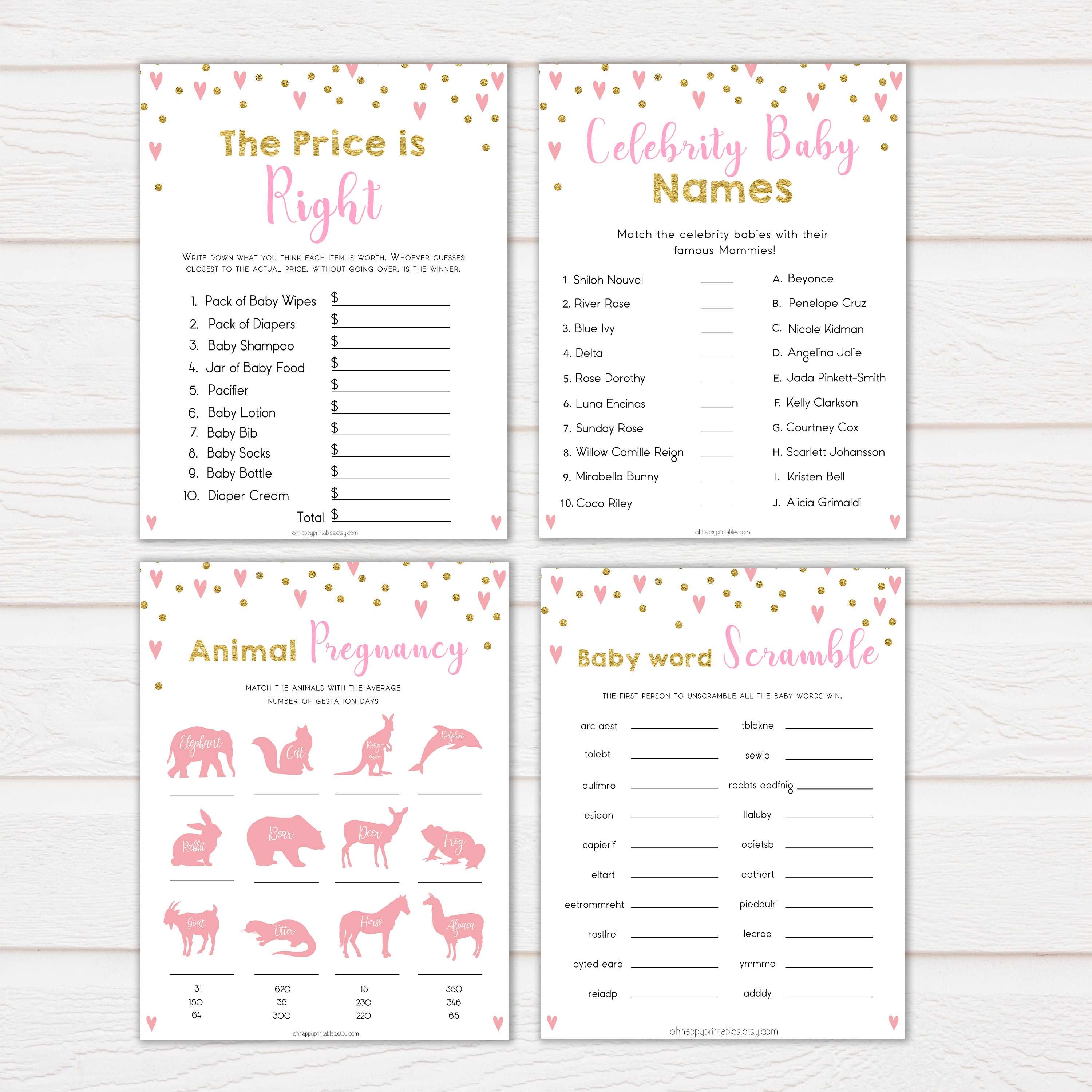 pink hearts baby shower, 10 baby shower games bundle baby game, printable baby games, pink baby games, girl baby games, top 10 baby games, fun baby games