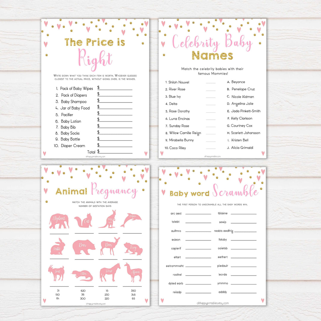 pink hearts baby shower, 10 baby shower games bundle baby game, printable baby games, pink baby games, girl baby games, top 10 baby games, fun baby games