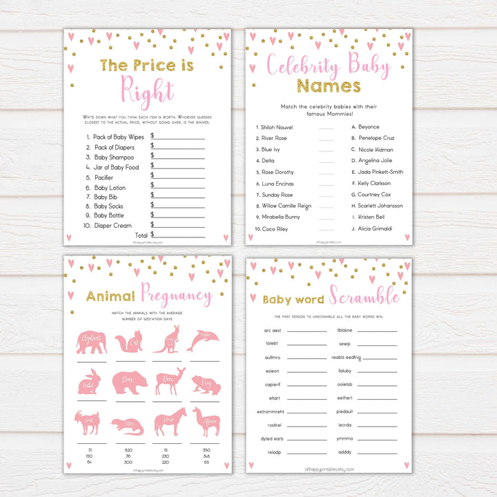pink hearts baby shower, 10 baby shower games bundle baby game, printable baby games, pink baby games, girl baby games, top 10 baby games, fun baby games