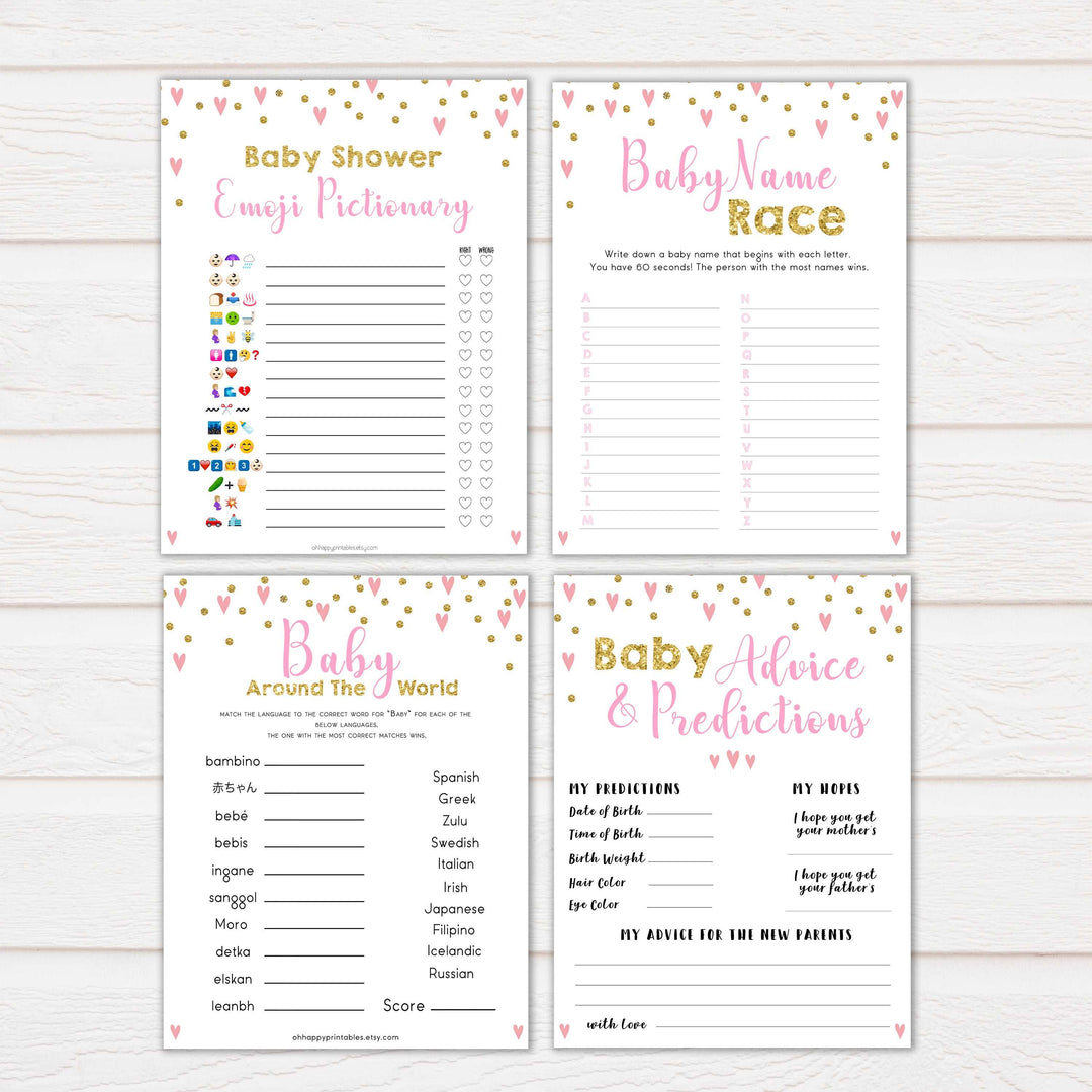 pink hearts baby shower, 10 baby shower games bundle baby game, printable baby games, pink baby games, girl baby games, top 10 baby games, fun baby games