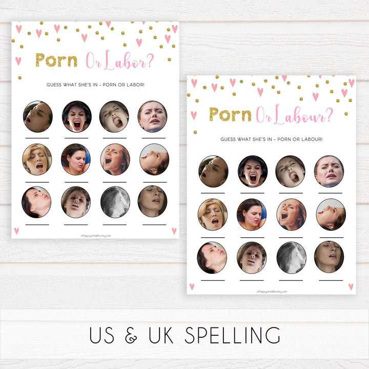 labor or porn, baby bump or beer belly, boobs or butts baby game, Printable baby shower games, small pink hearts fun baby games, baby shower games, fun baby shower ideas, top baby shower ideas, gold baby shower, pink hearts baby shower ideas