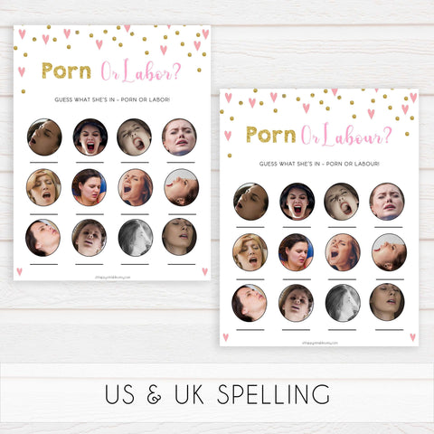 labor or porn, baby bump or beer belly, boobs or butts baby game, Printable baby shower games, small pink hearts fun baby games, baby shower games, fun baby shower ideas, top baby shower ideas, gold baby shower, pink hearts baby shower ideas