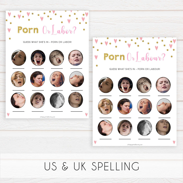 labor or porn, baby bump or beer belly game, Printable baby shower games, small pink hearts fun baby games, baby shower games, fun baby shower ideas, top baby shower ideas, gold baby shower, pink hearts baby shower ideas