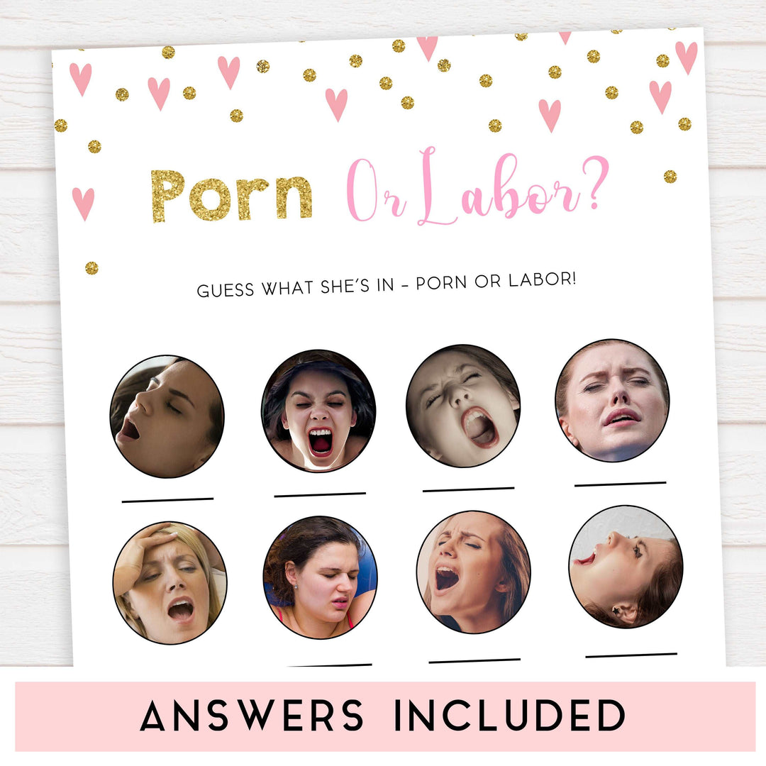 labor or porn, baby bump or beer belly game, Printable baby shower games, small pink hearts fun baby games, baby shower games, fun baby shower ideas, top baby shower ideas, gold baby shower, pink hearts baby shower ideas