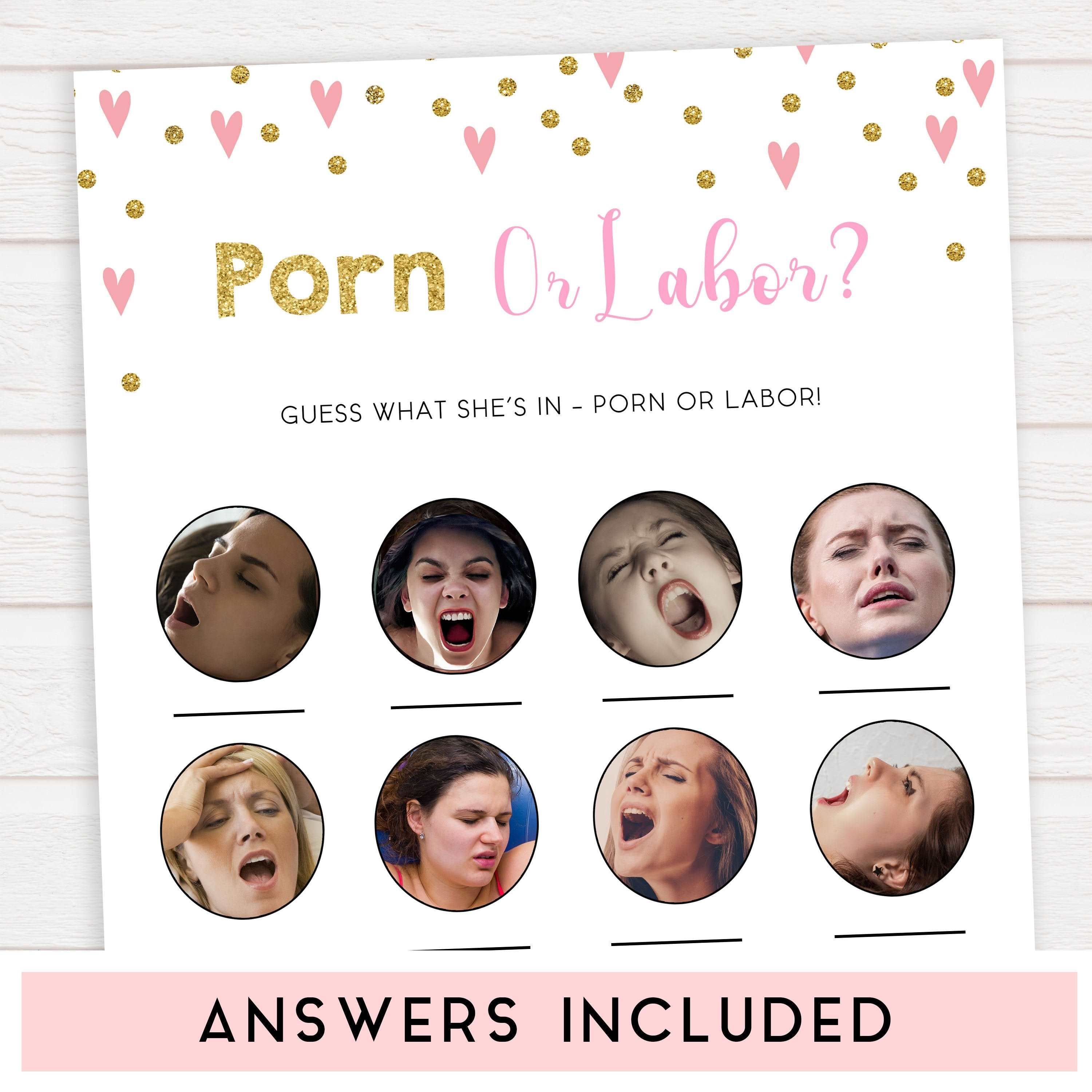 labor or porn, baby bump or beer belly, boobs or butts baby game, Printable baby shower games, small pink hearts fun baby games, baby shower games, fun baby shower ideas, top baby shower ideas, gold baby shower, pink hearts baby shower ideas