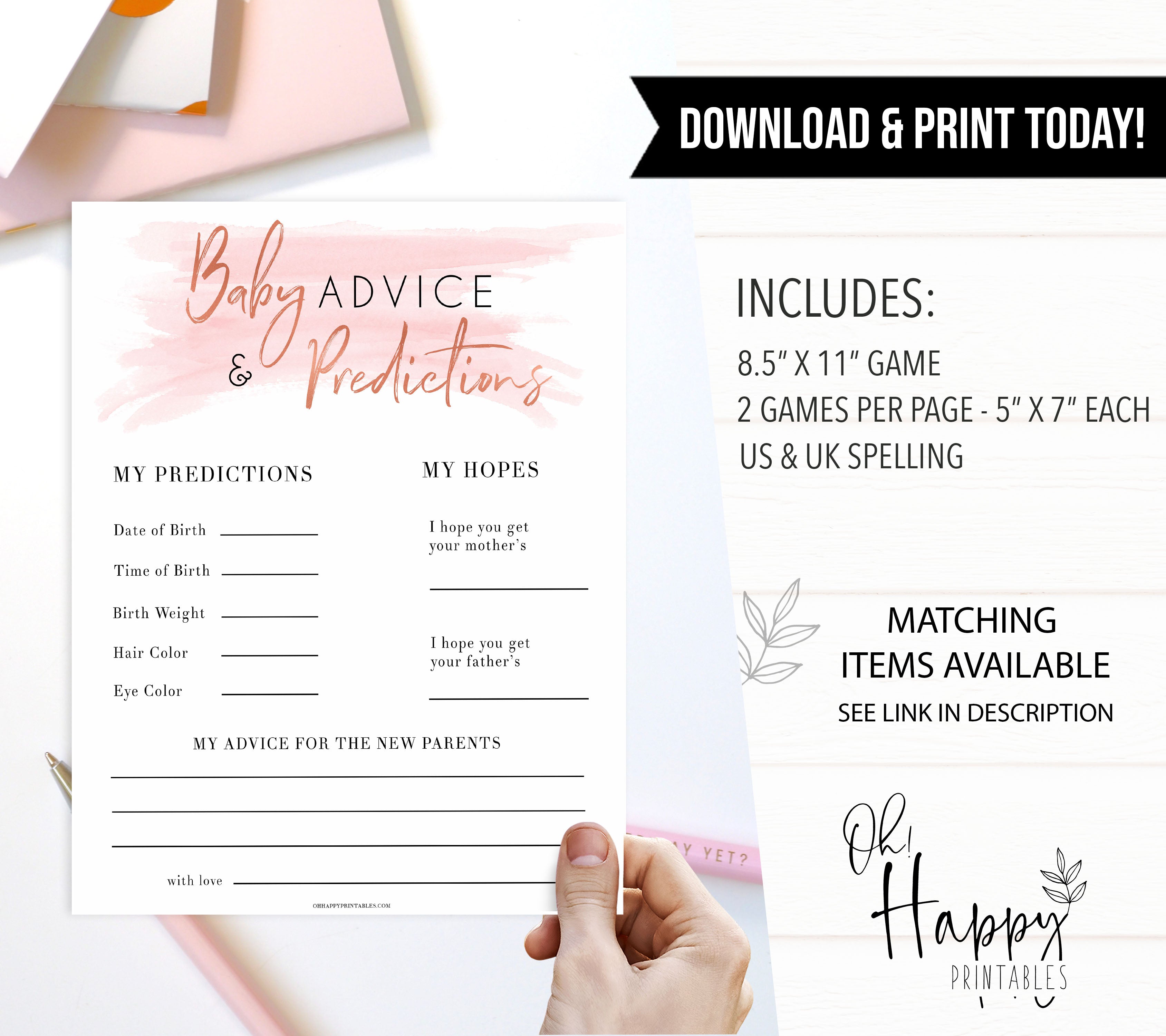 baby advice and predictions Pink Swash theme baby shower games, Printable baby Shower games, fun baby shower games, popular baby shower games